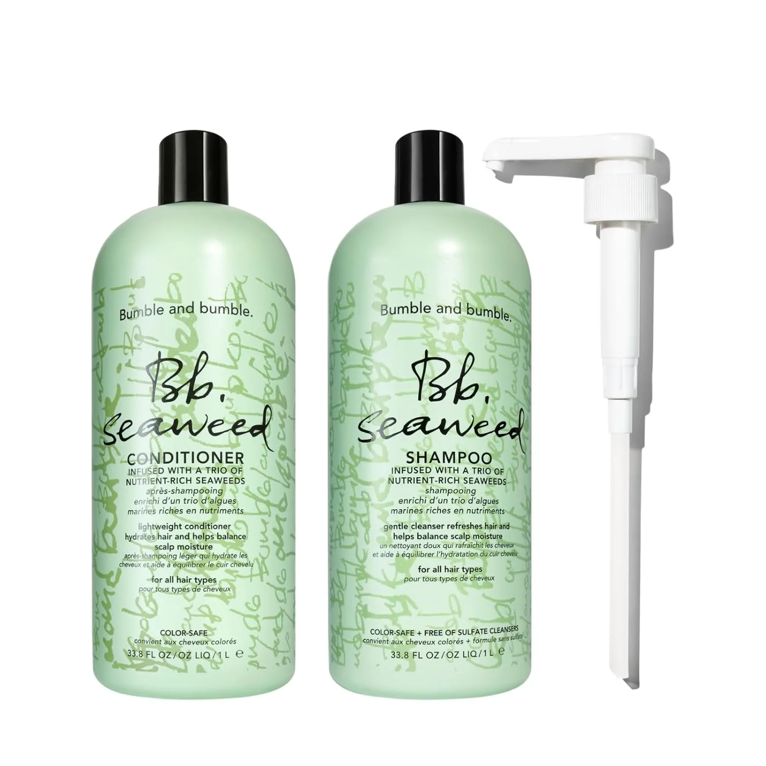 Bumble and bumble набор шампунь и кондиционер Seaweed Nourishing для тонких и нормальных волос или ежедневного мытья, без сульфатов, защита цвета, против пушистости и спутывания Шампунь, кондиционер и 2 помпы - 1000 мл Bumble And Bumble., Green