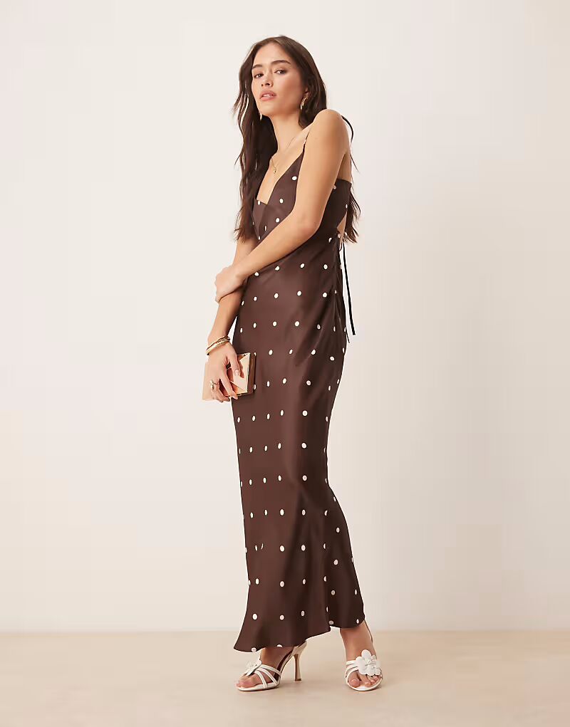 

Длинное атласное платье с завязками на спине ASOS DESIGN в шоколадный горошек