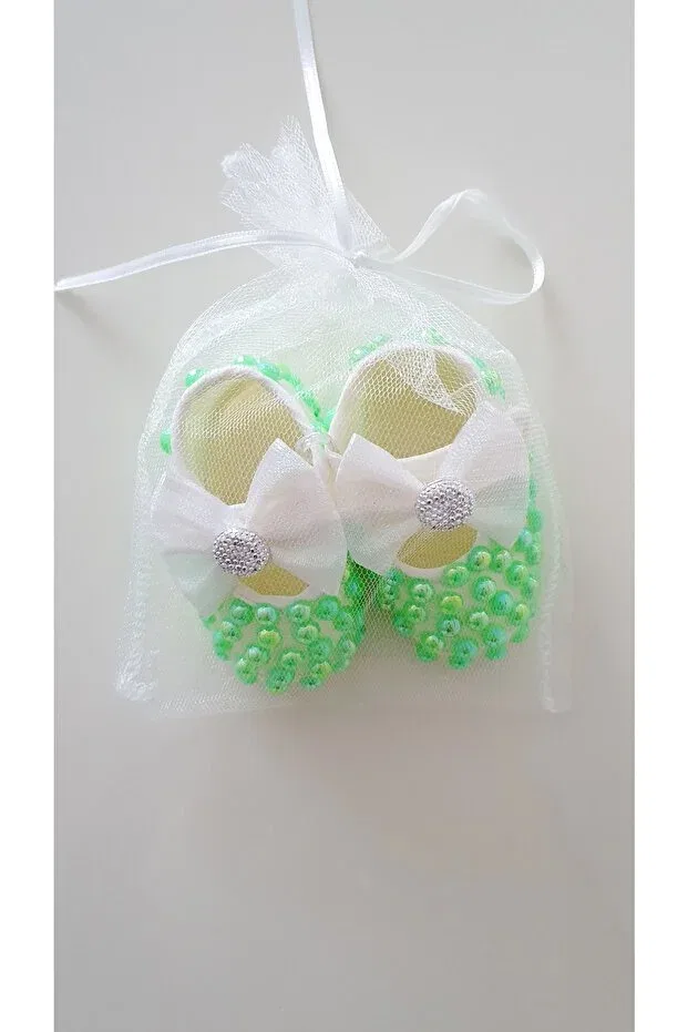 Детские тапочки для новорожденных с жемчугом и камнями Nes Baby, Green — фото 2
