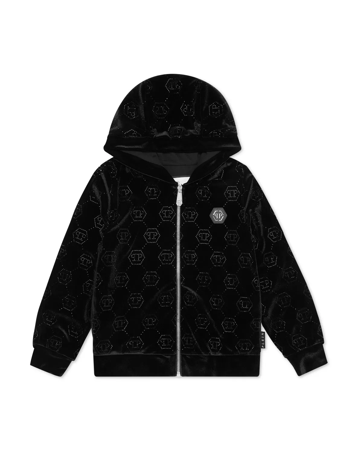 Детская толстовка на молнии с капюшоном и принтом черепа Chenille Hoodie Sweatjacket Strass Monogram PHILIPP PLEIN, Black/Black