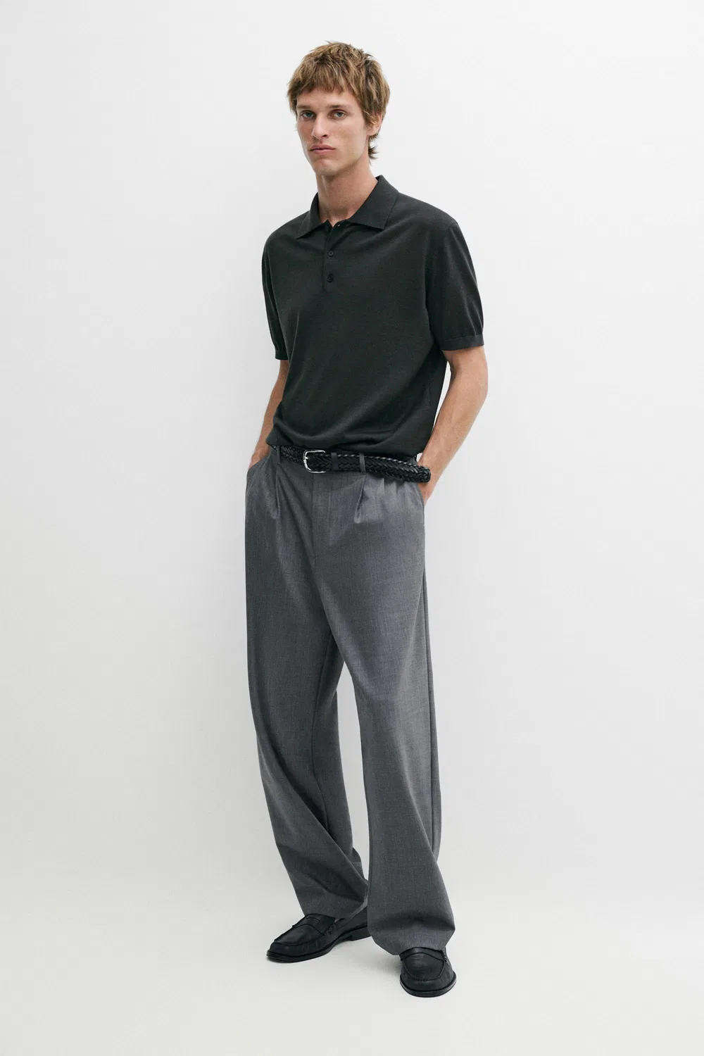 Поло Massimo Dutti Wool Blend Knit Shirt, серовато-зеленый — фото 3