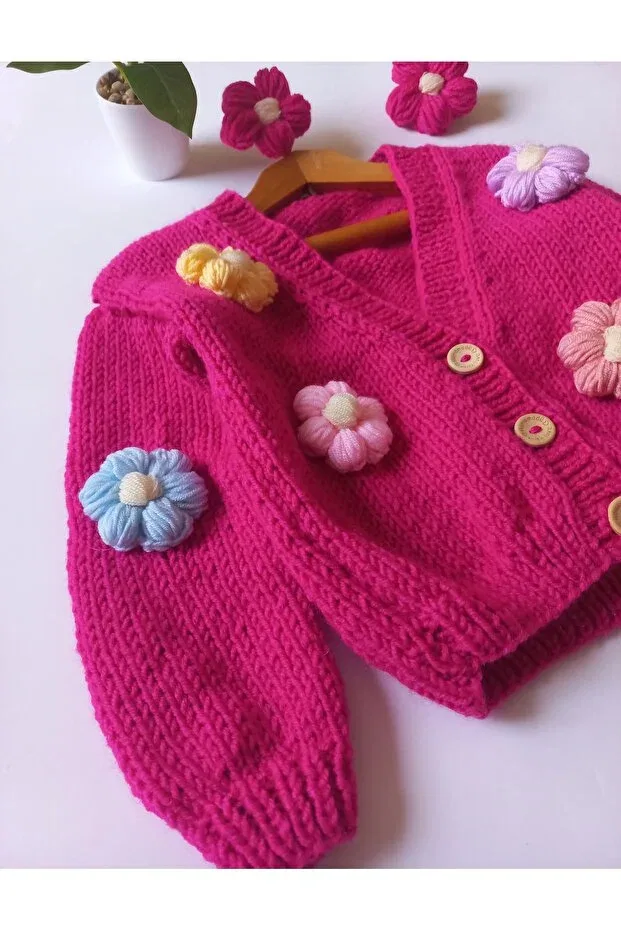 Детский кардиган с длинным рукавом Daisy detailed hand knitted children's cardigan El Örgüsü, Pink