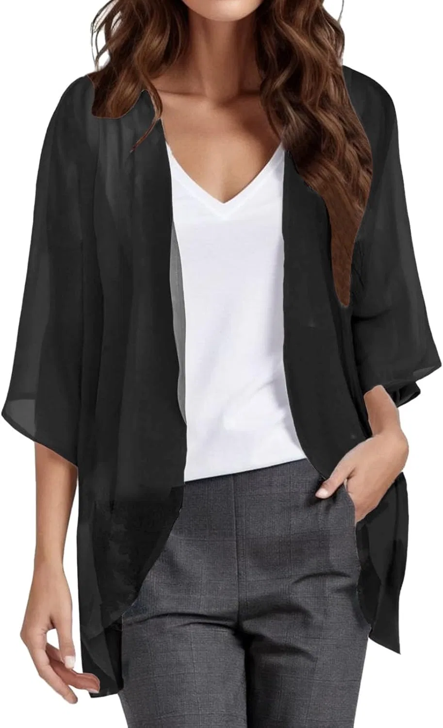 Женская шифоновая накидка кимоно с короткими рукавами, Black