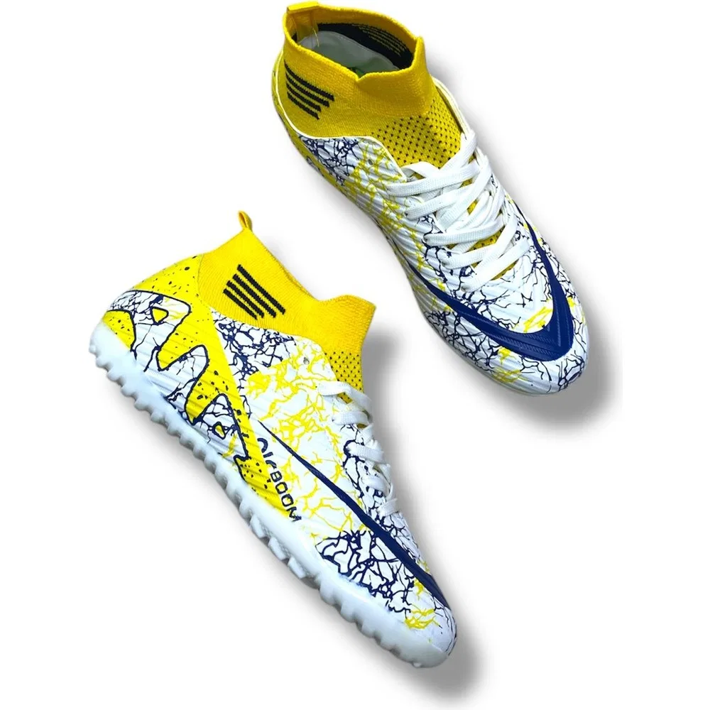 Детские футзальные кроссовки с носком, искусственная кожа, White Yellow Navy Pattern Laliga
