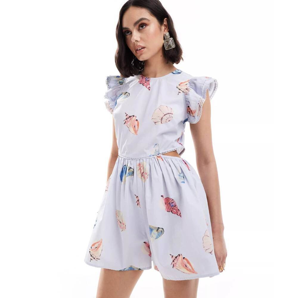 

Комбинезон Asos Design Short Cutout Waist And Ruffles Sleeves, светло-голубой