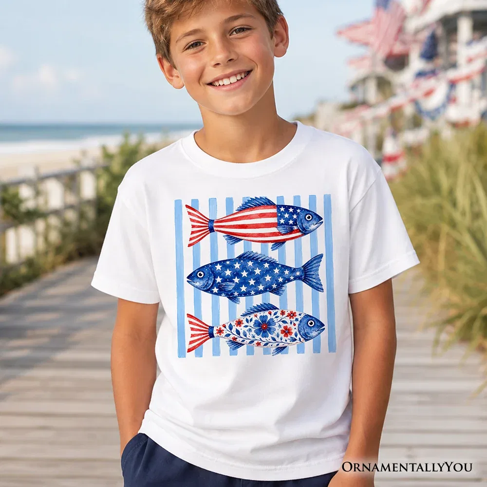 Детская футболка для мальчиков с принтом American Flag Fish OrnamentallyYou, White — фото 4