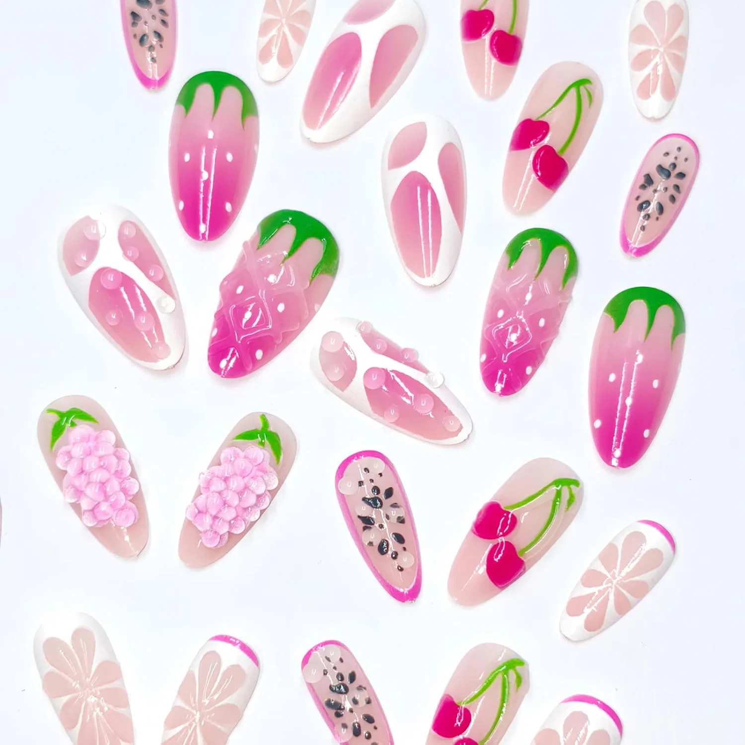 Набор из 24 накладных ногтей с 3D-фруктами миндалевидной формы Tastetreasure, 24Pcs Pink — фото 4