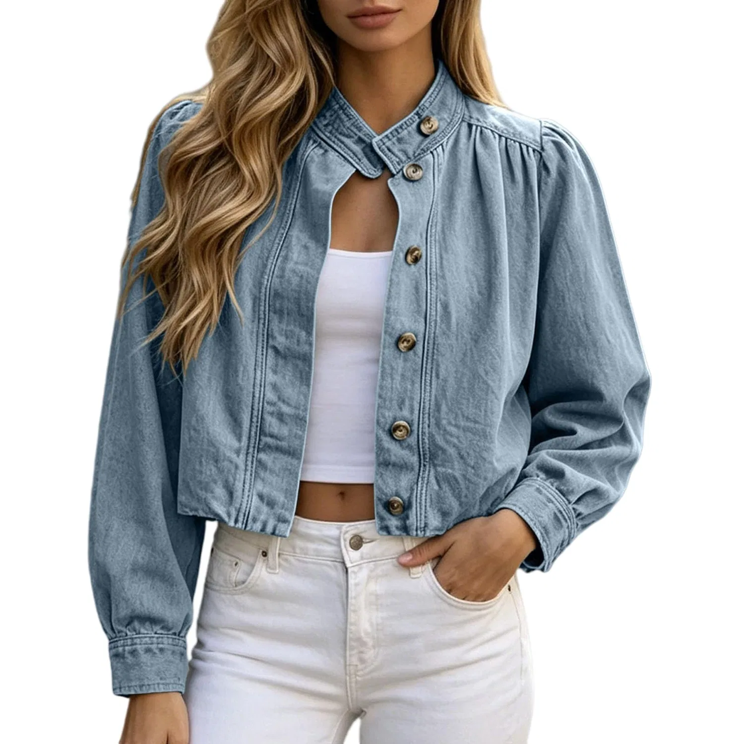 Женская джинсовая куртка с рукавом-буф и высоким воротником, Light Blue