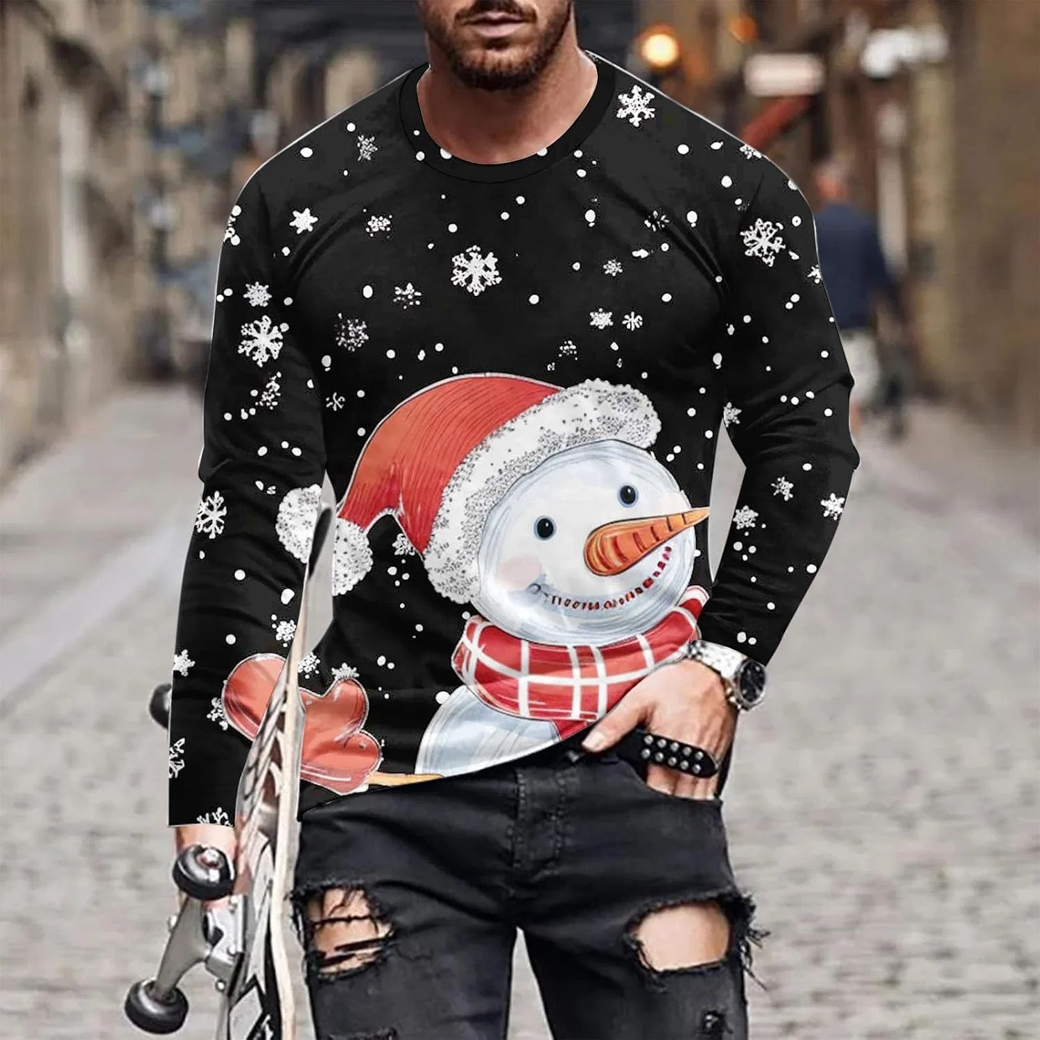 Мужская футболка с принтом снеговика Long Sleeve Casual Shirts, Black — фото 2