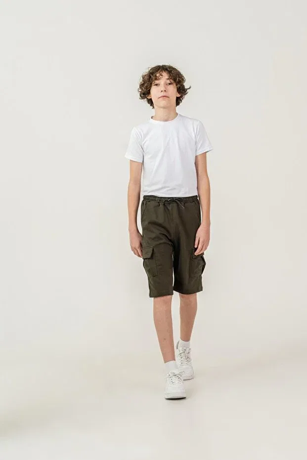 Детские шорты для мальчиков с принтом Double cargo pockets left pocket cover Mışıl Kids, Khaki