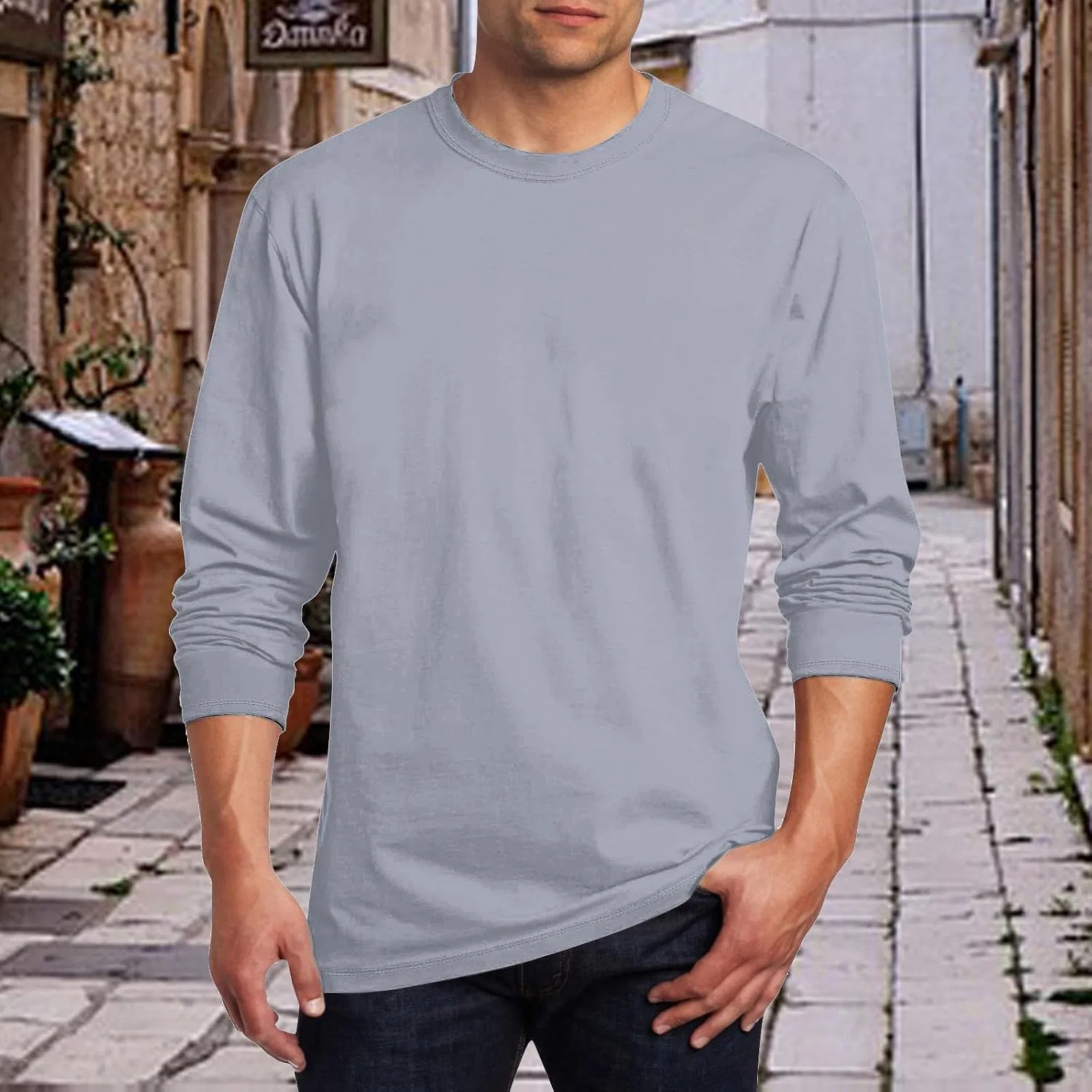 Мужская футболка с длинным рукавом хлопковая Crew Neck, Grey — фото 2