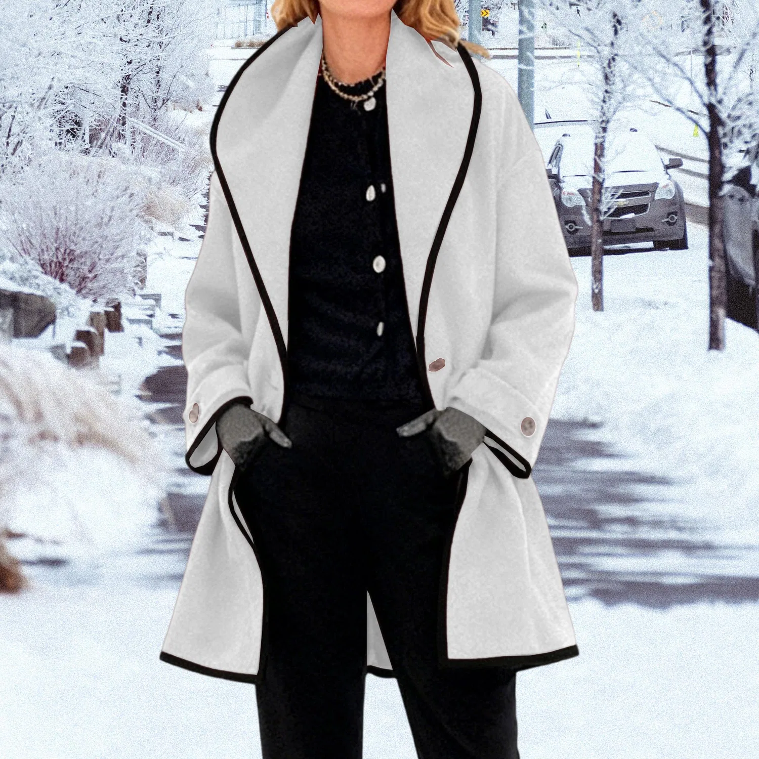 Женское зимнее пальто с лацканами и пуговицами, Bianco — фото 3