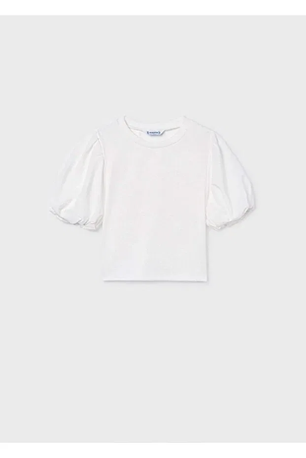 Детское платье-футболка для девочек с принтом Summer girl's balloon sleeve tshirt Mayoral, Ecru — фото 4