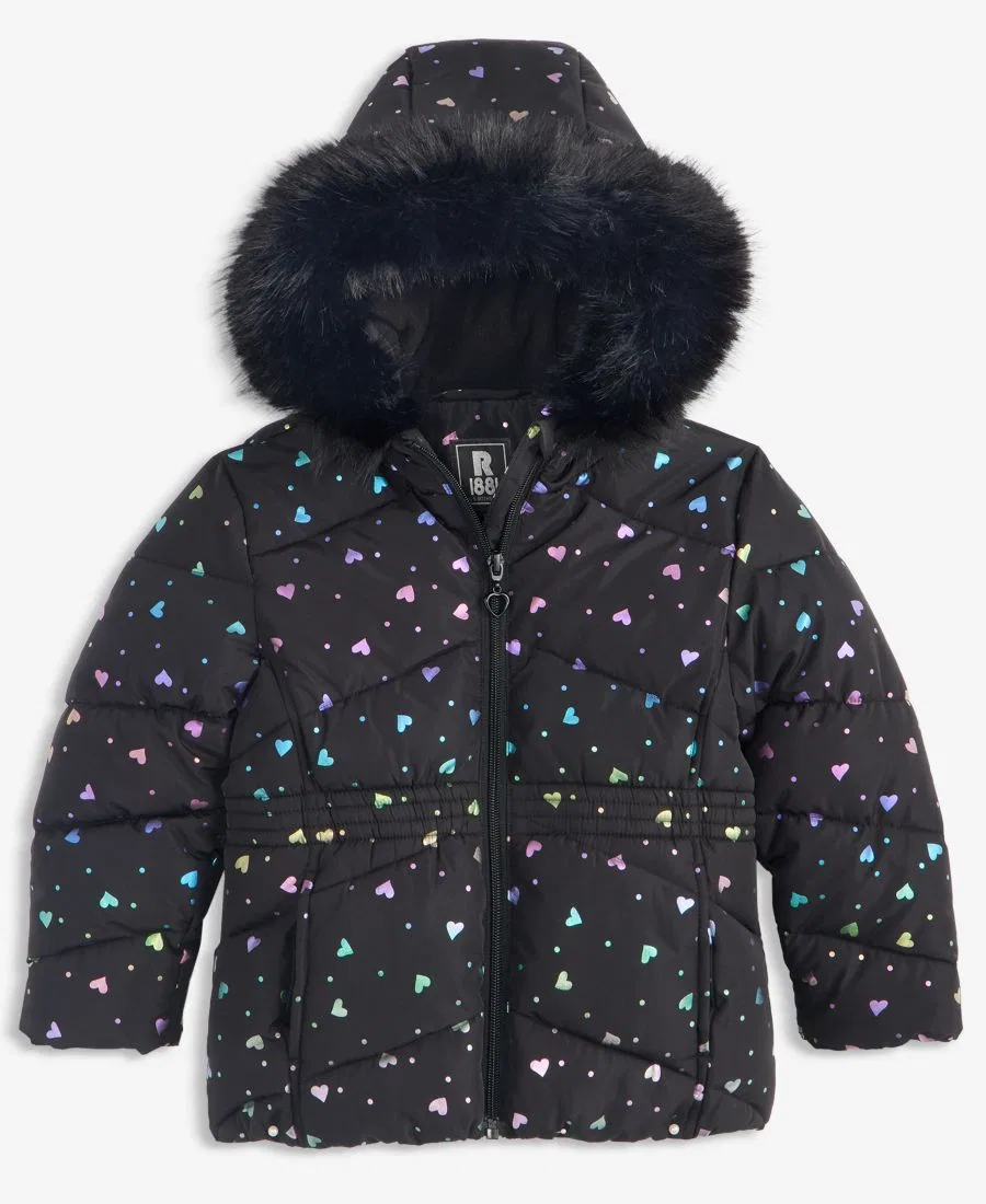Детская куртка-пуховик стеганая с принтом, модель Foil Quilted Puffer Jacket With Faux-Fur-Trim Hood S Rothschild & CO, Black Rainbow Hearts