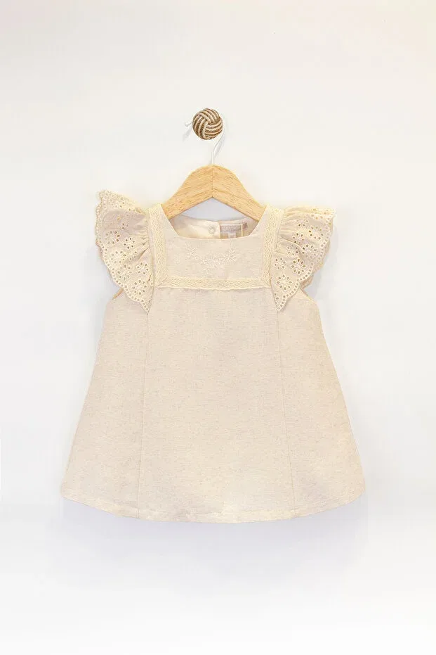 Детское платье для девочек кружевное Lace sleeve linen look summer natural stylish and comfortable cut baby girl dress Cassiope, Beige