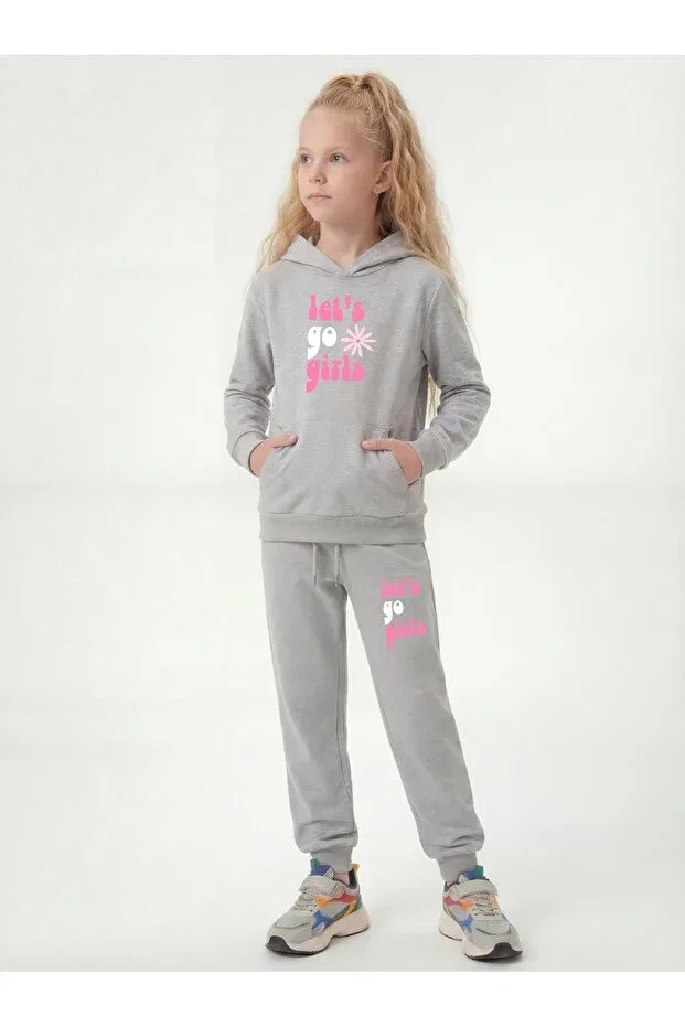 Детский спортивный комплект для девочек с принтом Kangaroo pocket hooded lets go print detailed Panios Kids, Gray