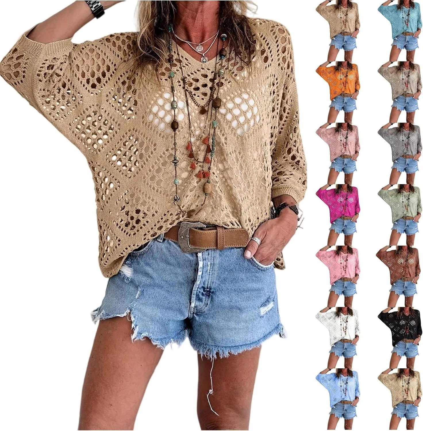 Женская блузка с вырезом и рукавом 3/4, Bohemian Crochet, L001-complexion