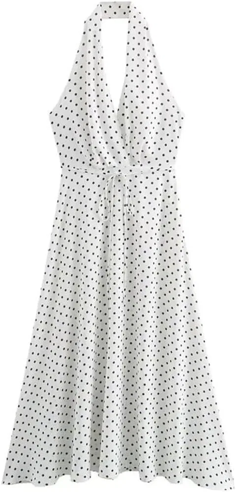 Женское платье в горошек с V-образным вырезом Sling Dress, White