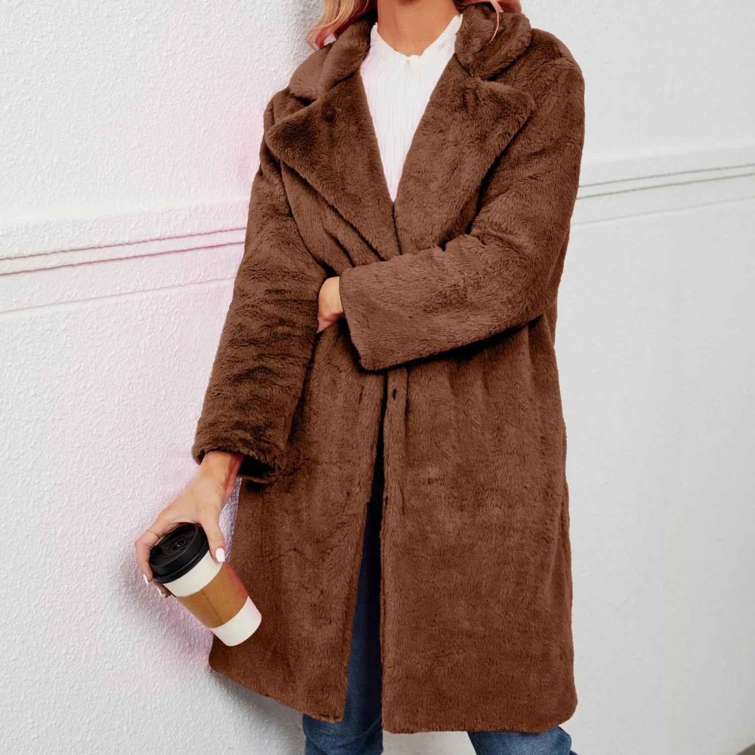 Женское зимнее пальто с открытым передом, модель Furry Jackets Sweaters, Caff file — фото 4