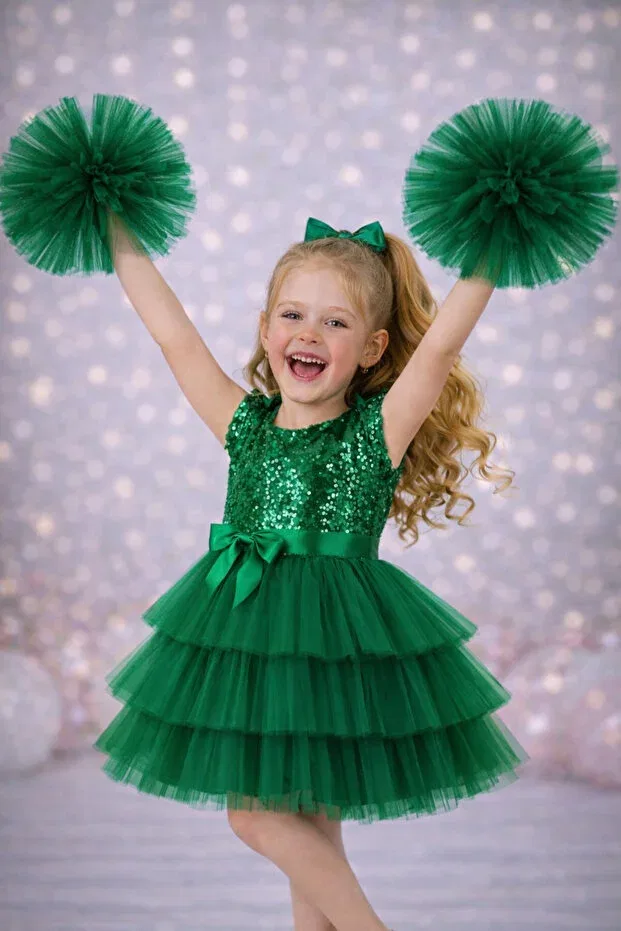 Детское платье для девочек вечернее с пайетками с длинным рукавом Rumi Kids, Green — фото 3