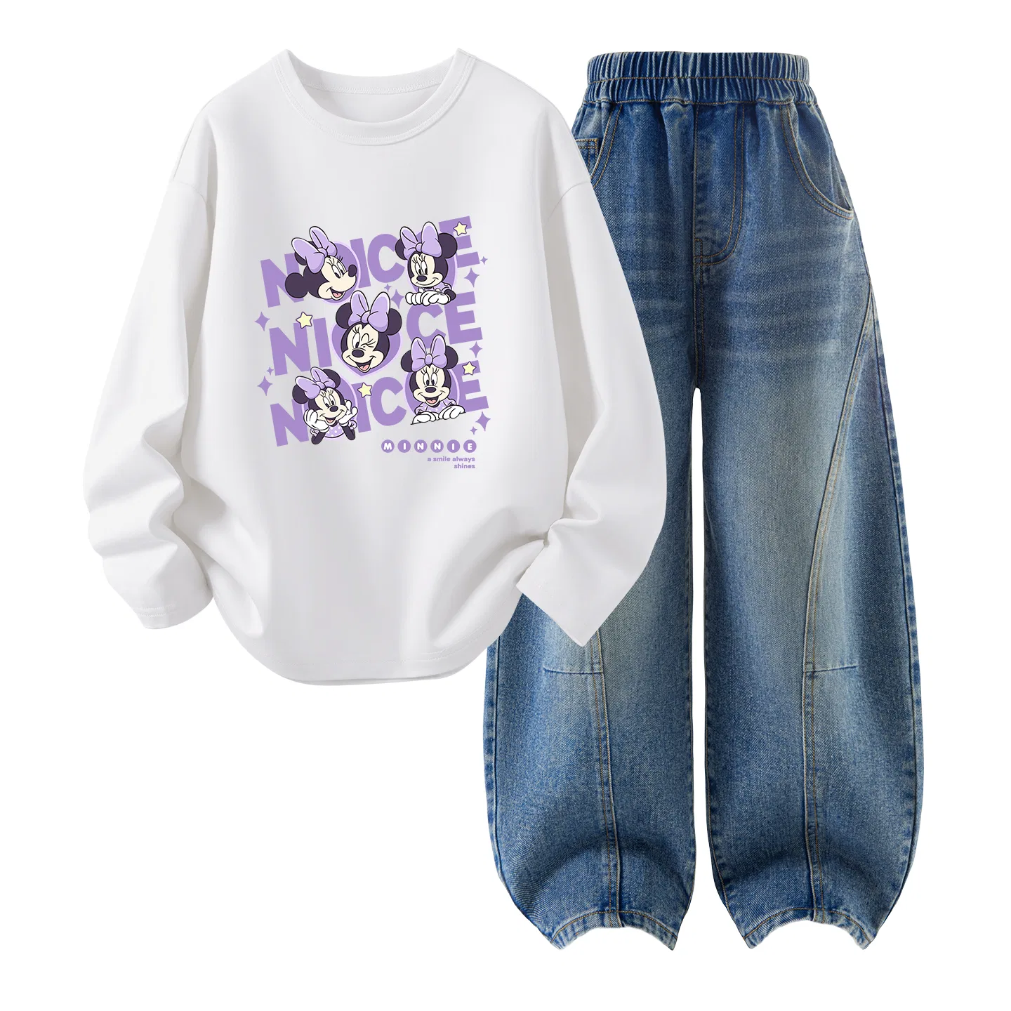 Детский комплект повседневной спортивной одежды с принтом Daisy Bow Minnie White+Solid Color Denim Blue Disney