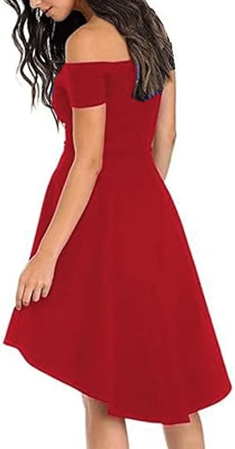 Женское коктейльное платье с открытыми плечами, Red — фото 4