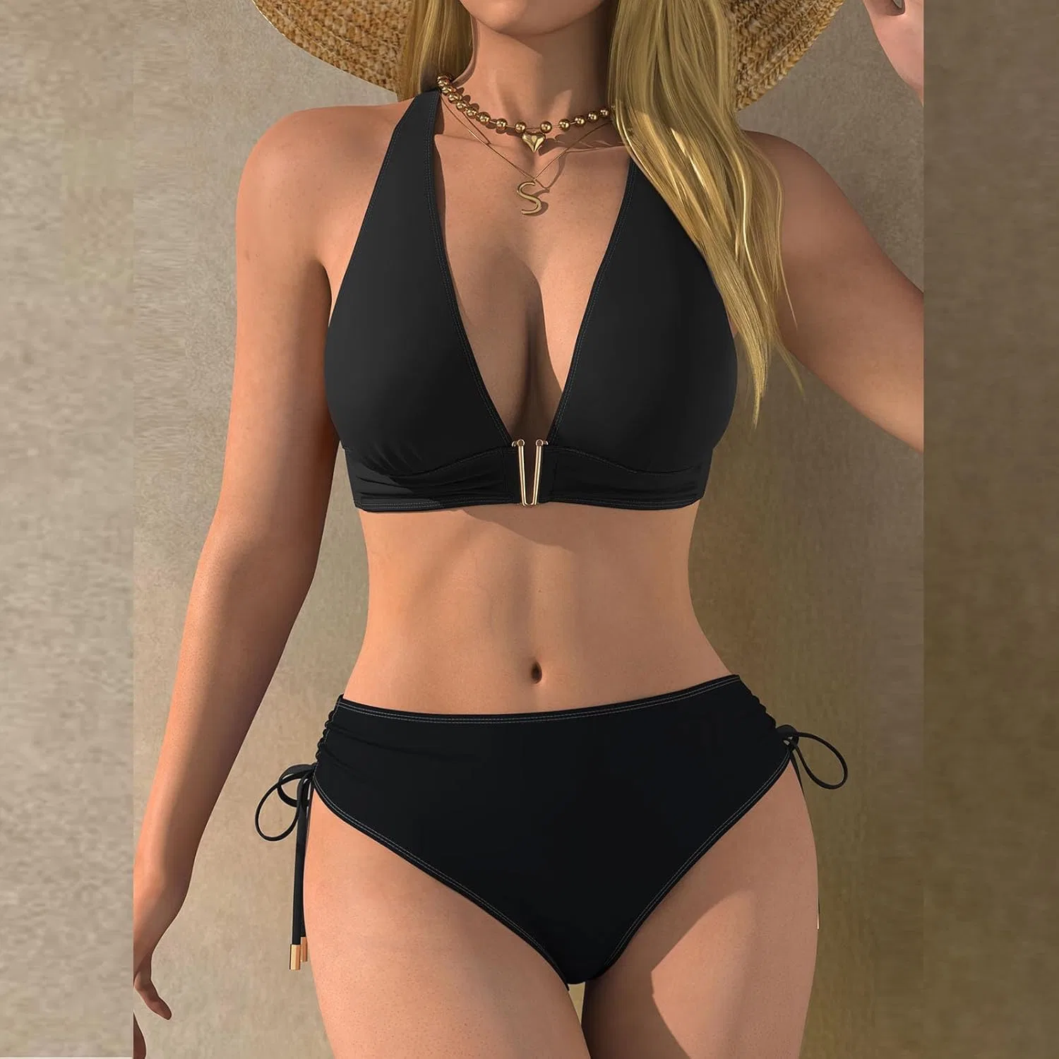 Женский цветной бикини-сет с завышенной талией Sporty Cheeky, Black — фото 2