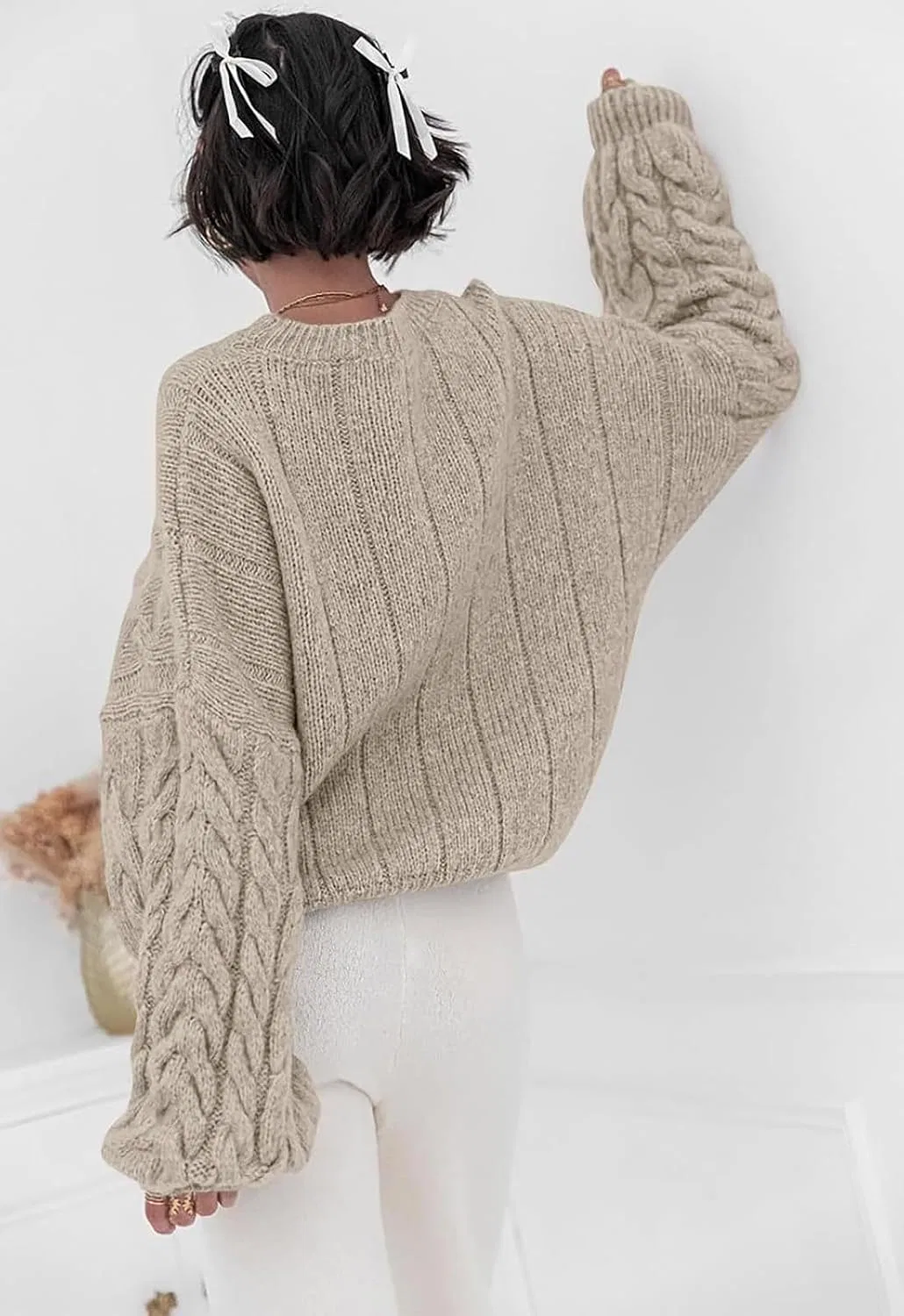 Женский свитер с косами Oversized, длинный рукав, круглый вырез — фото 3