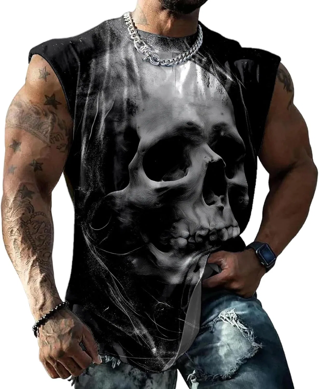 Мужской топ-безрукавка с черепом, Skeletal Death God 1