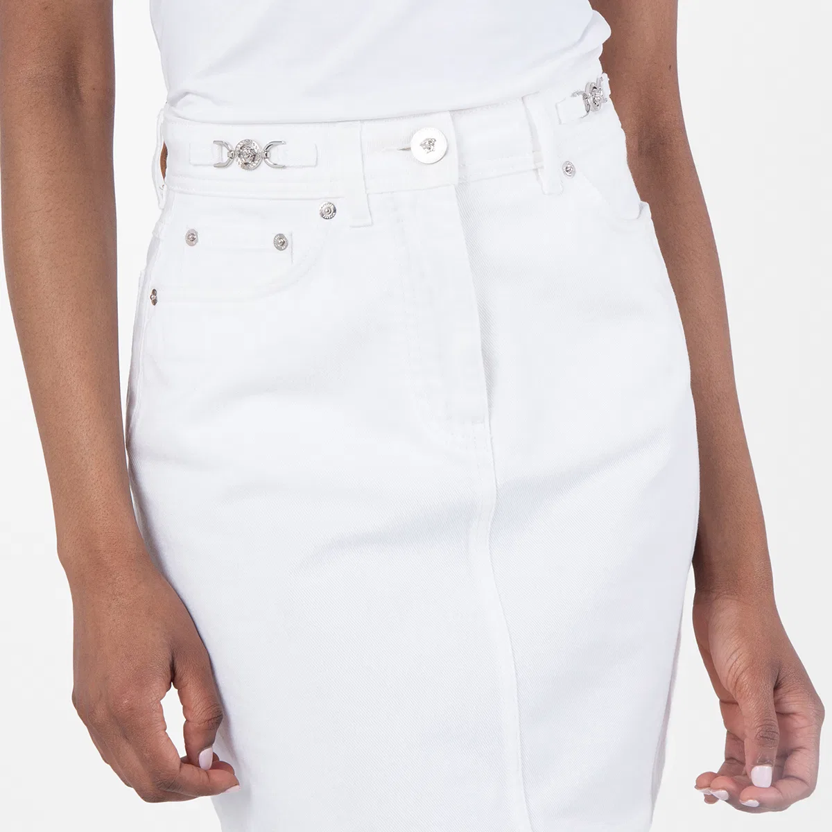 Юбка-трапеция из хлопкового денима Cotton Denim A-Line Skirt Versace, White — фото 2