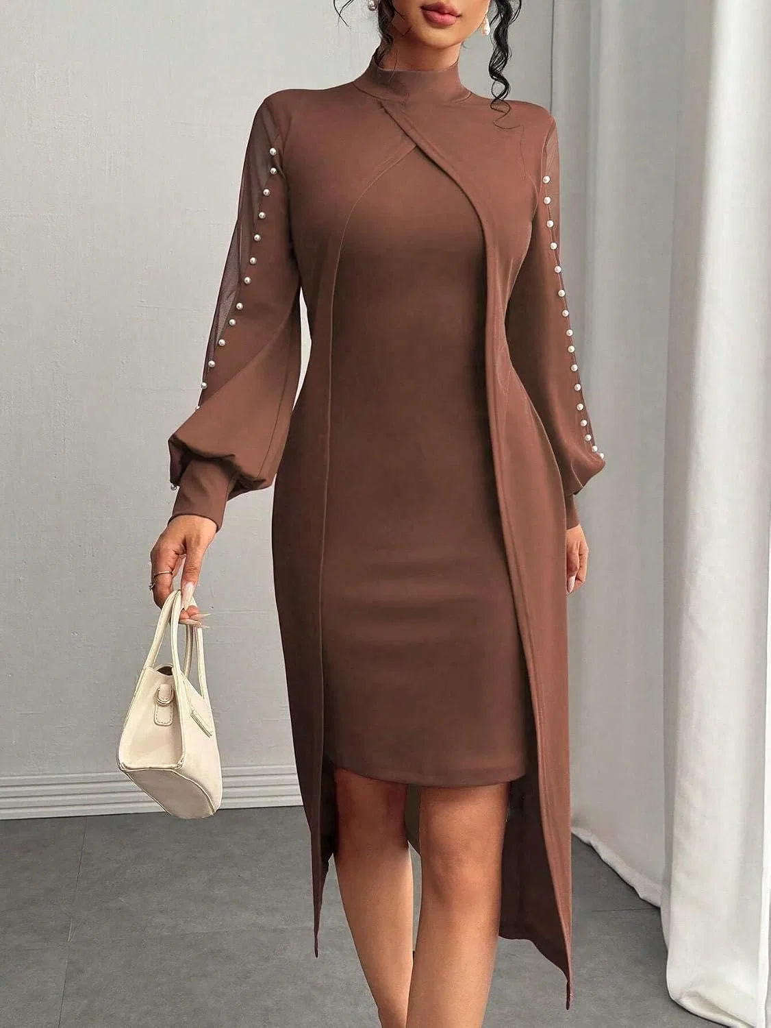 Женское элегантное платье миди с длинным рукавом, Brown — фото 2