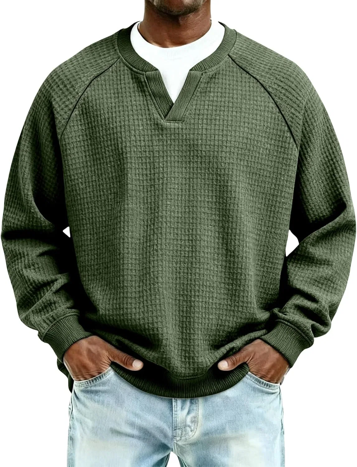 Мужская свободная футболка с V-образным вырезом реглан Waffle, Army Green