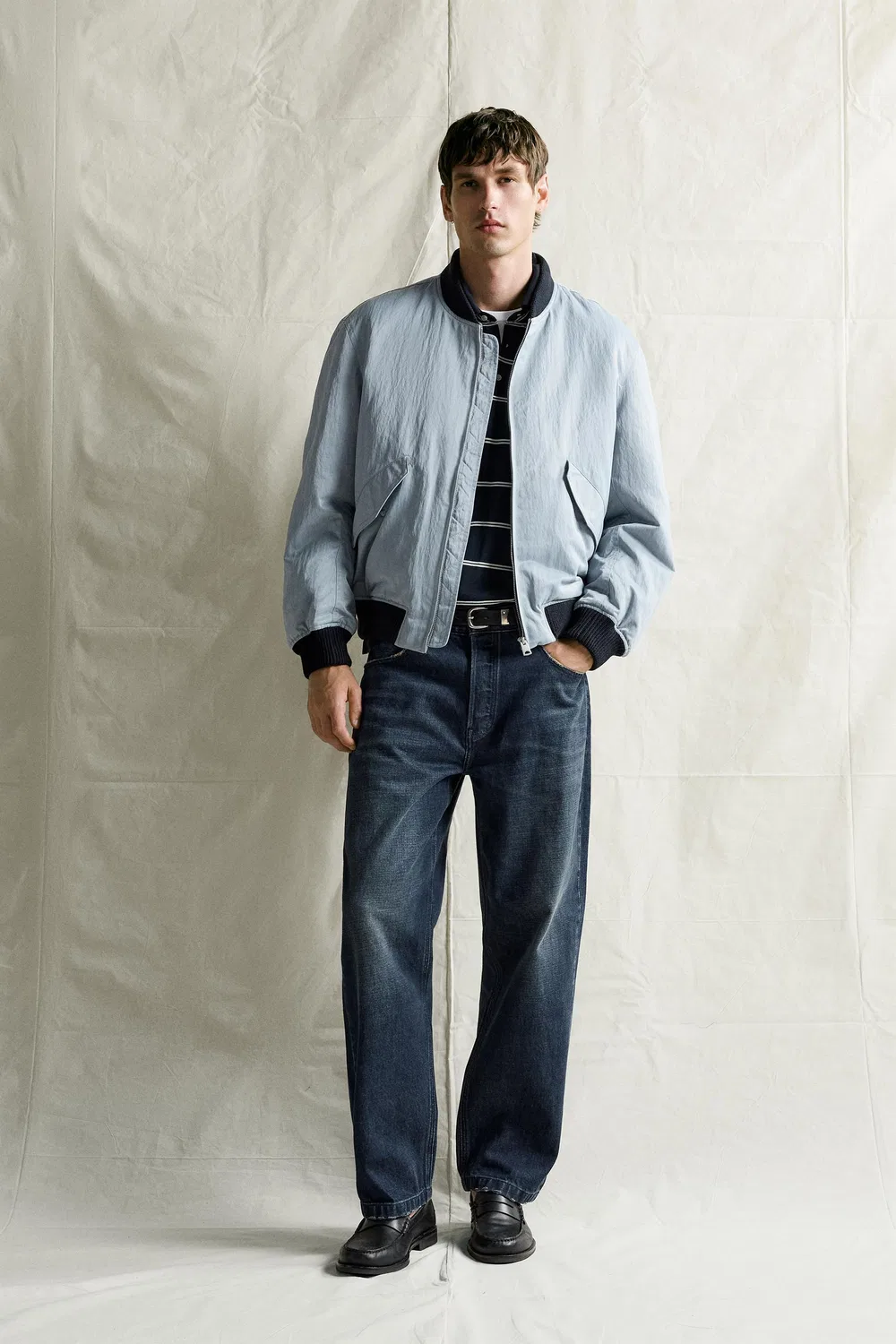 Контрастная куртка-бомбер ZARA, Blue/Steel