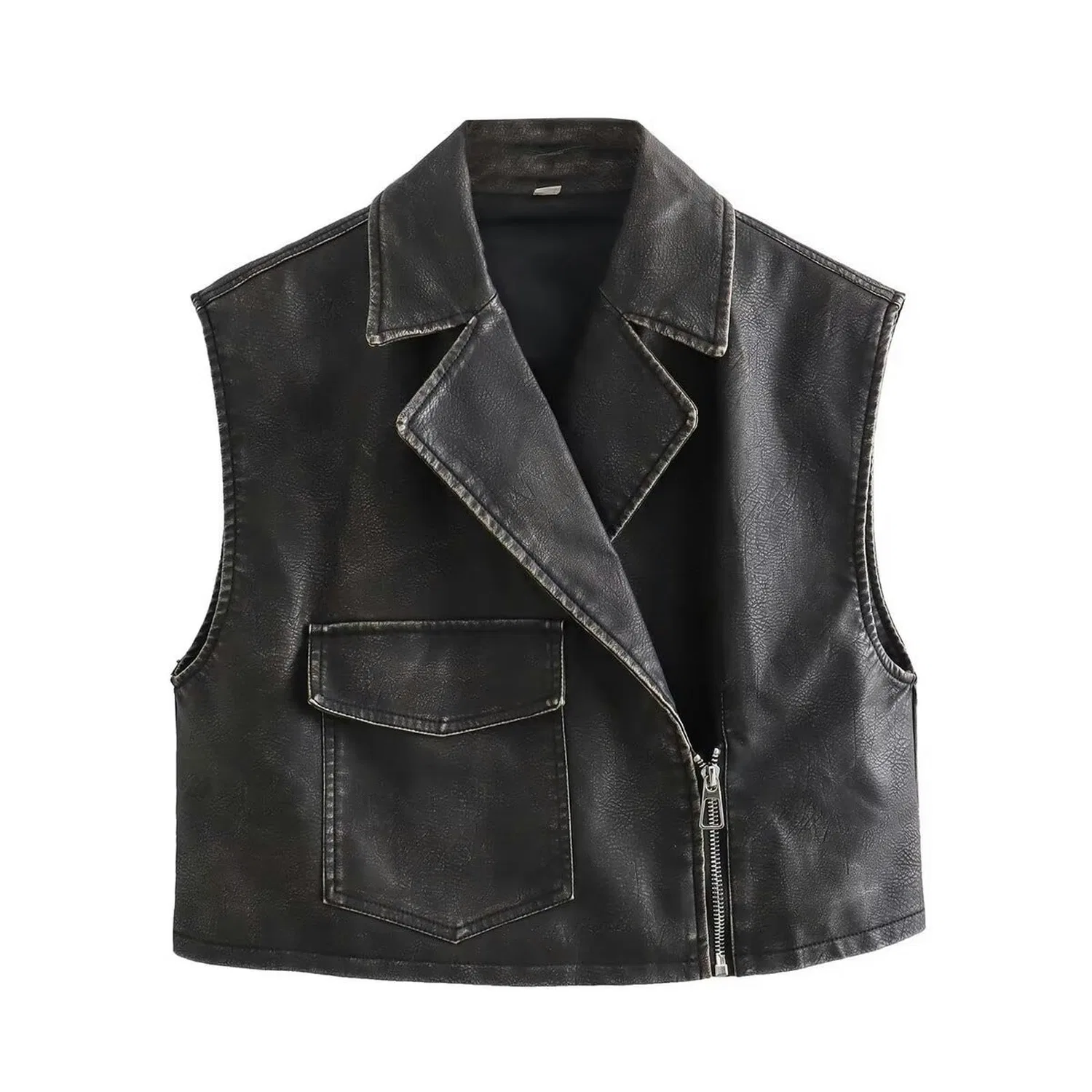 Женский жилет с отложным воротником Gilet in Pelle PU Invecchiato Primavera Nuovo Gilet con Risvolto Corto Immagine in Alto Colore-L, Foto A Colori