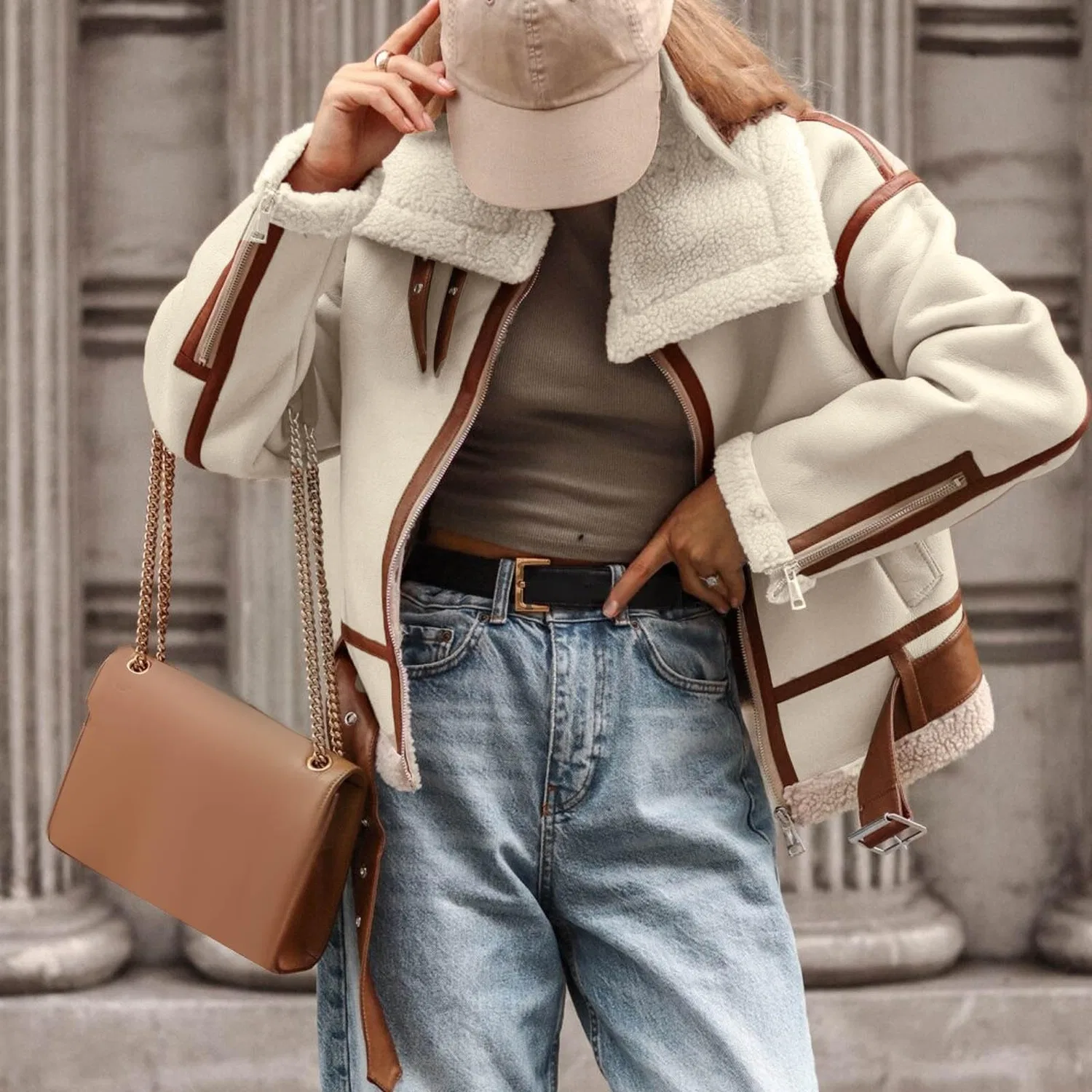 Женское зимнее пальто с лацканами и длинным рукавом Biker Style, White — фото 2