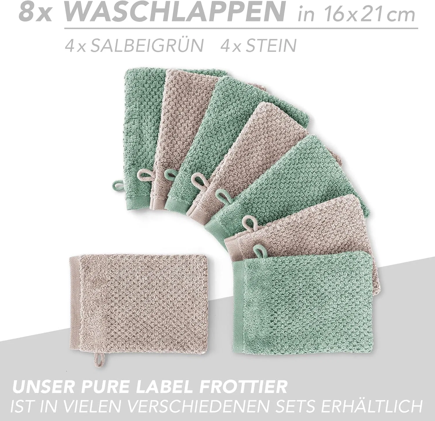 Набор мочалок 8 шт, Pure Label, из 100% хлопка, 16x21 см, Stone | Sage Green — фото 3