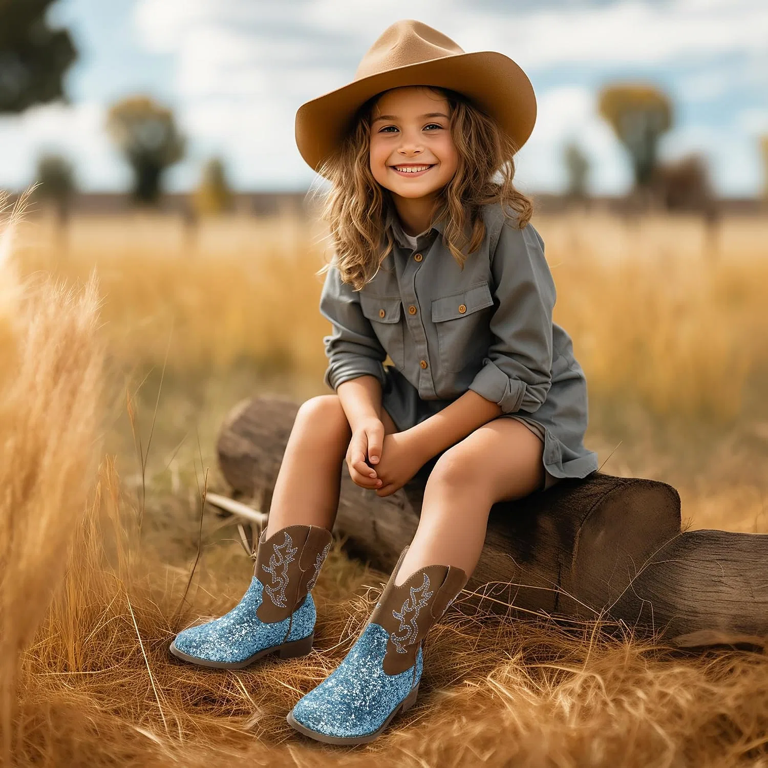 Детские сапоги для девочек с вышивкой Cowgirl Boots PANDANINJIA, Blue Sequin — фото 2