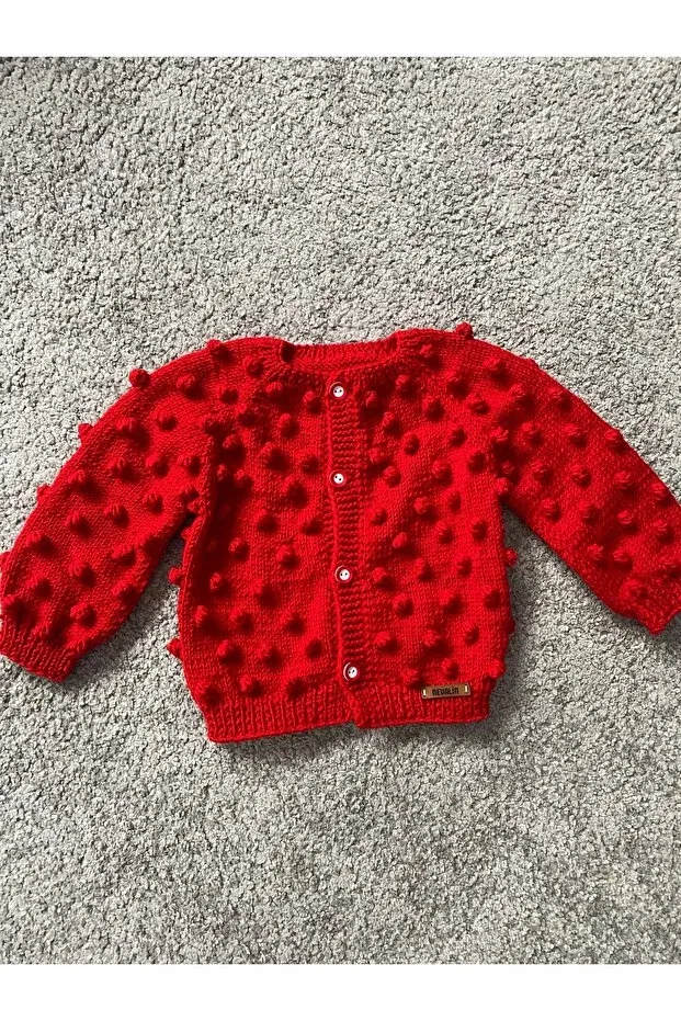 Детский кардиган с попкорновым узором Hand knitted popcorn detailed cardigan Nevalin, Red — фото 3