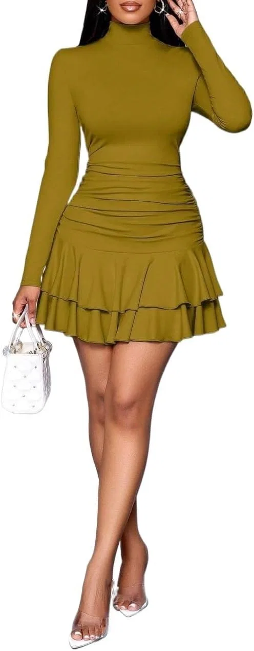 Женское повседневное платье миди Bodycon с рюшами, Brown