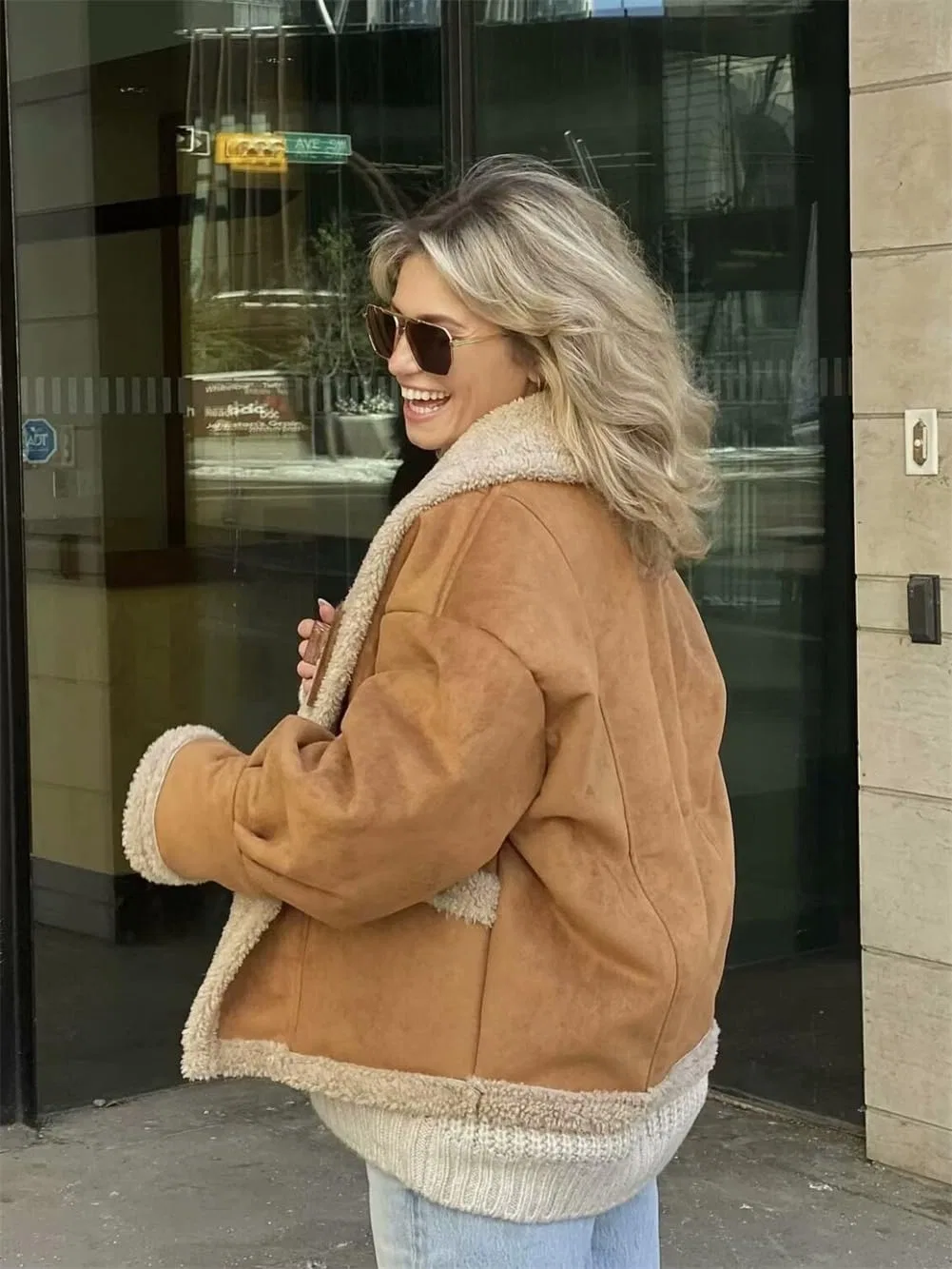 Женская куртка с подкладкой из шерпы, оверсайз, Faux Suede Leather Jacket, Black — фото 4
