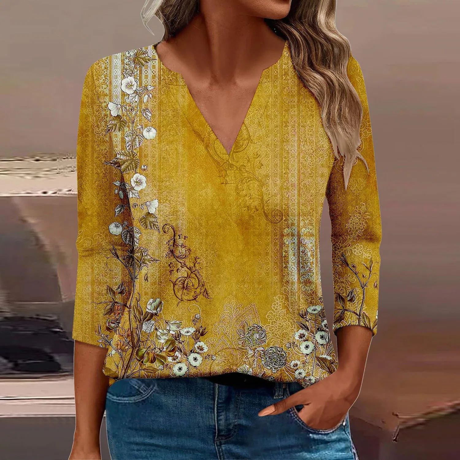 Женская блуза с принтом Women Blouses 3/4 Sleeve V Neck Casual Elegant Summer Boho Floral Print Blouses, 32#oro — фото 2
