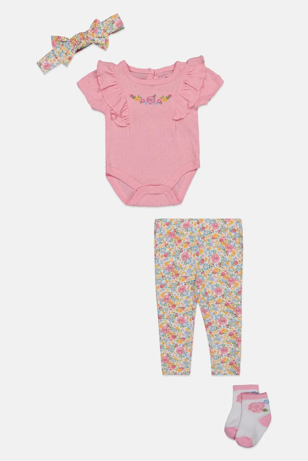 Комплект боди и штанов с цветочным принтом, с повязкой и носками Baby Essentials, разноцветный — фото 2