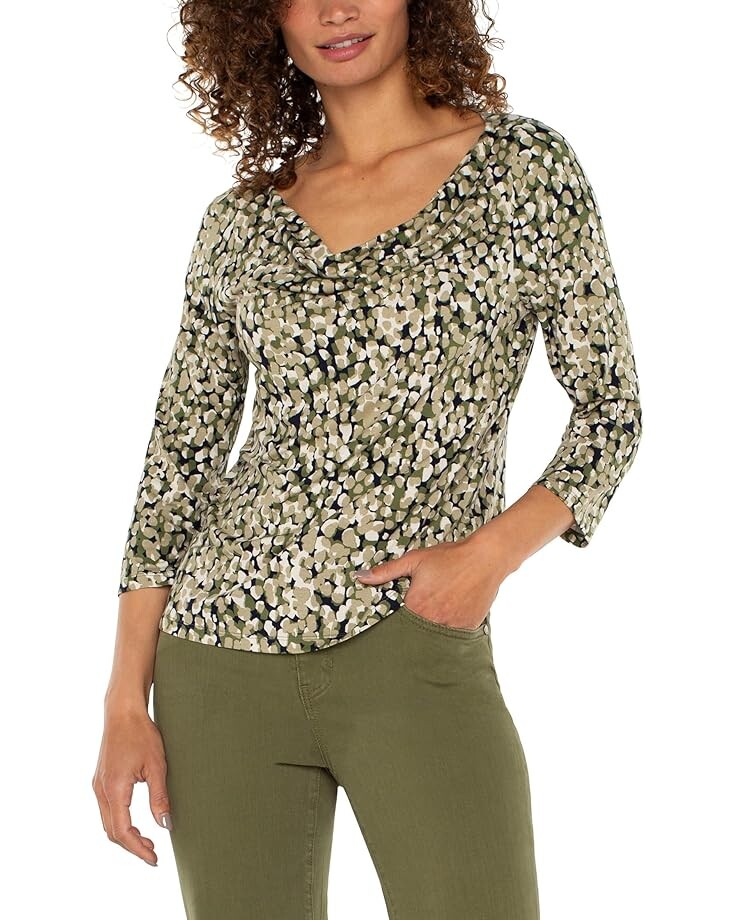 

Топ Liverpool Los Angeles Petite 3/4 Sleeve Draped Neck Knit Top Jersey Knit, цвет Olive Camo Dot