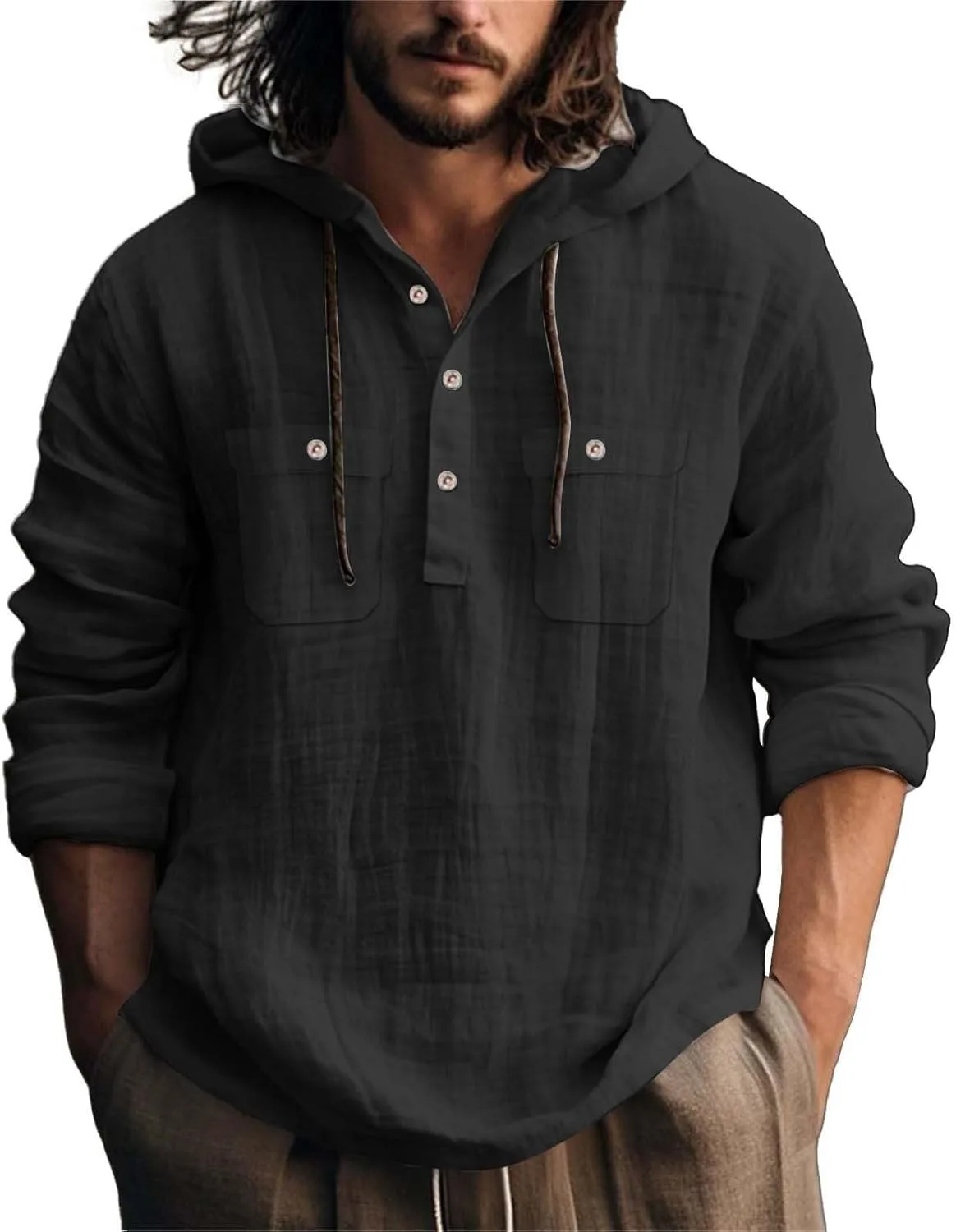 

Мужская легкая хлопковая льняная рубашка с капюшоном и длинным рукавом