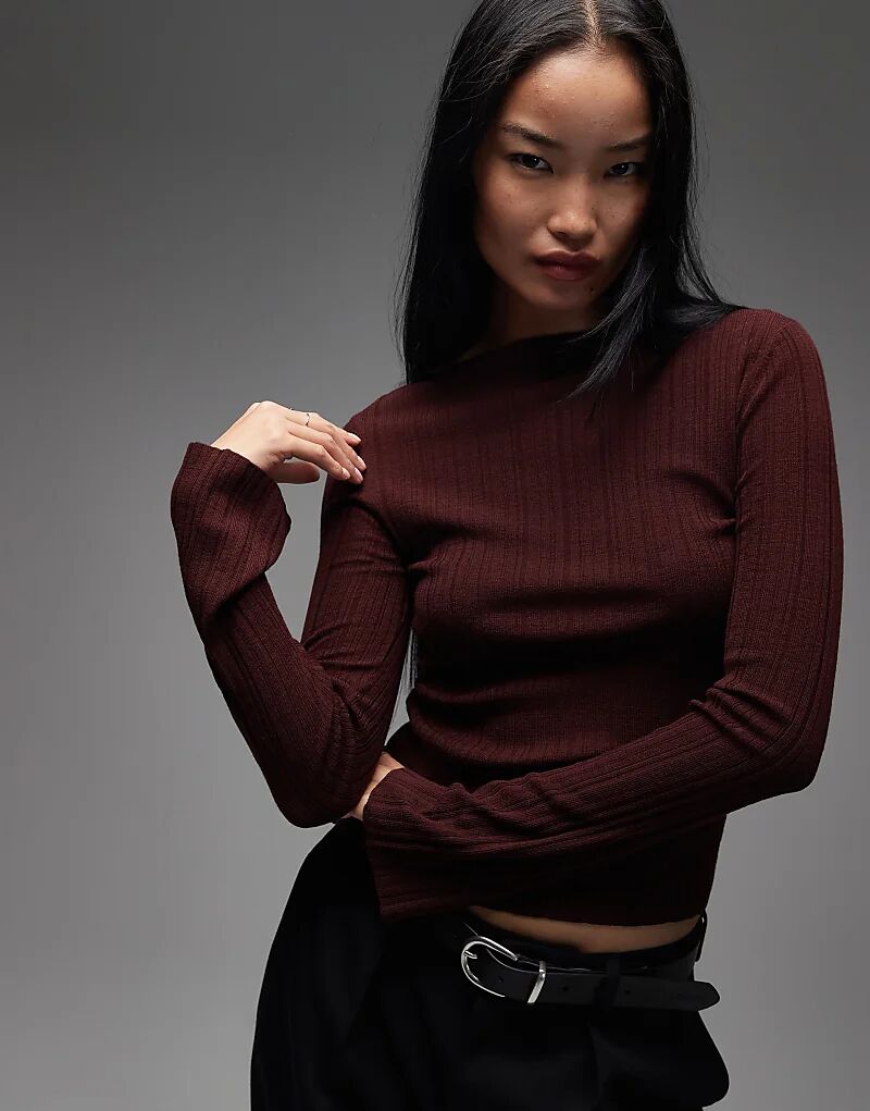 

& Other Stories, трикотажный топ из чистой мериносовой шерсти в рубчик с расклешенными рукавами, темно-красного цвета