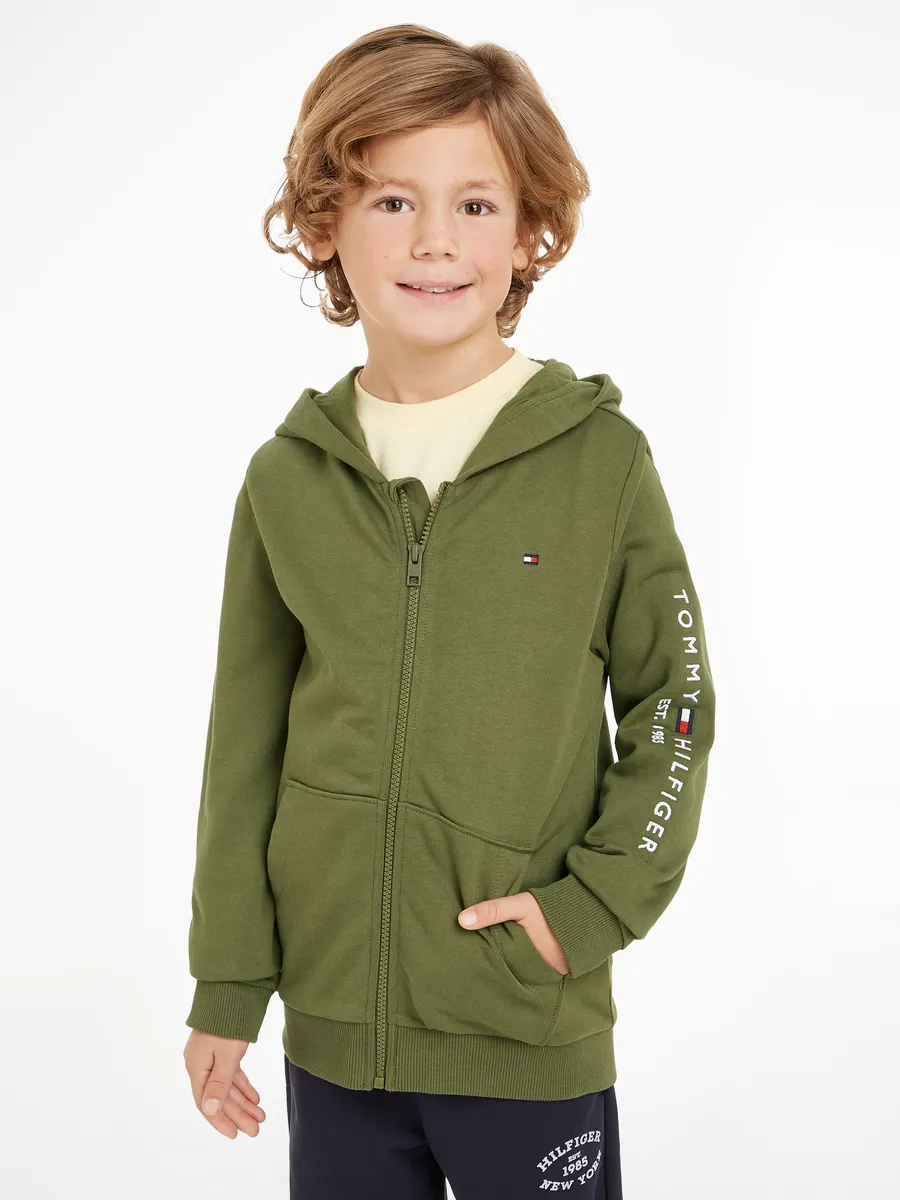 

Толстовка Tommy Hilfiger "U ESSENTIAL ZIPTHROUGH HOODIE", дети до 16 лет, с надписью-логотипом, оливковый