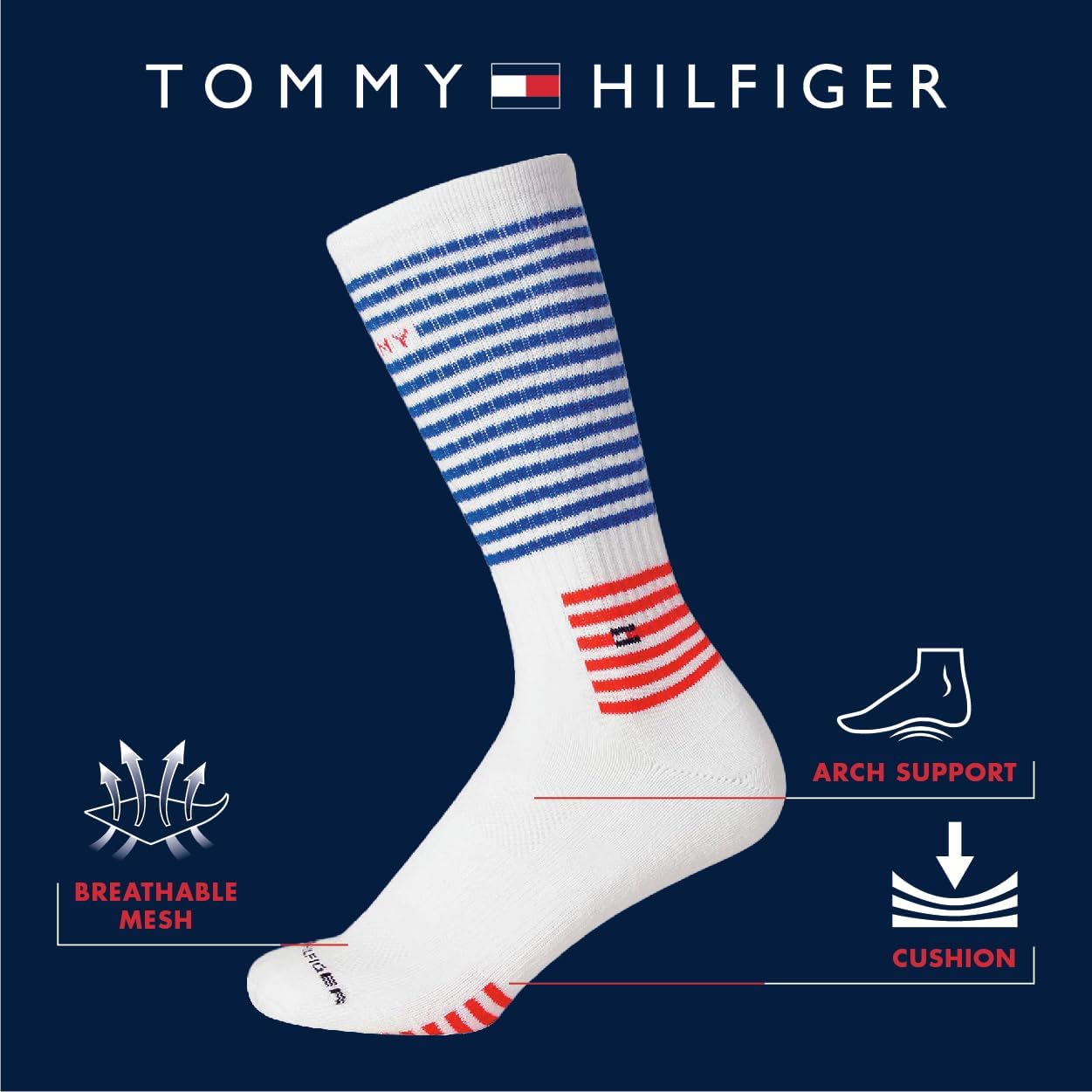 Мужские носки Tommy Hilfiger Crew Socks - 5 пар спортивных носков с эластичной подкладкой и амортизацией (размер обуви: 7-12), Pure White — фото 3
