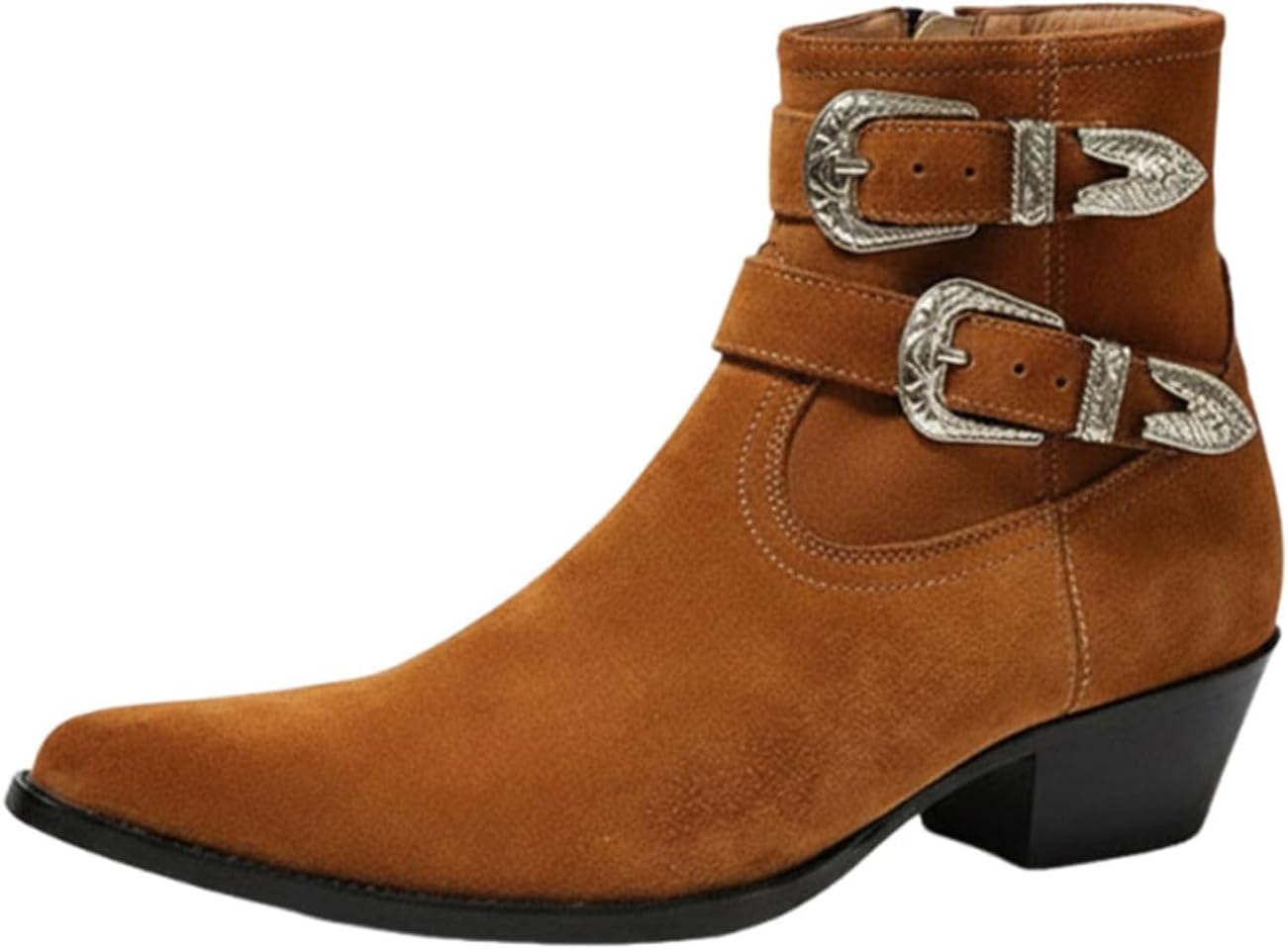 

Мужские вестерн-ботинки Chelsea Santimon - верх из натуральной кожи или замши, ковбойские ботильоны с двойными пряжками и боковой молнией для вечеринок, концертов, фестивалей и повседневной носки, Tan