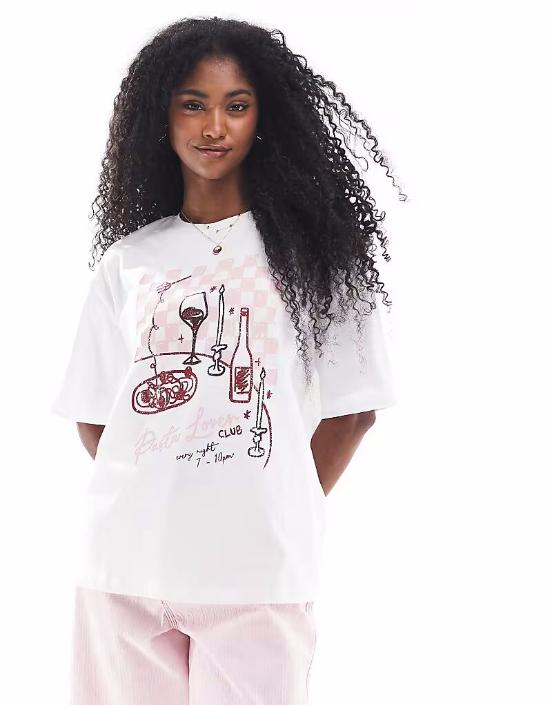 

Футболка свободного кроя из потертого хлопка с принтом макарон белого цвета Threadbare