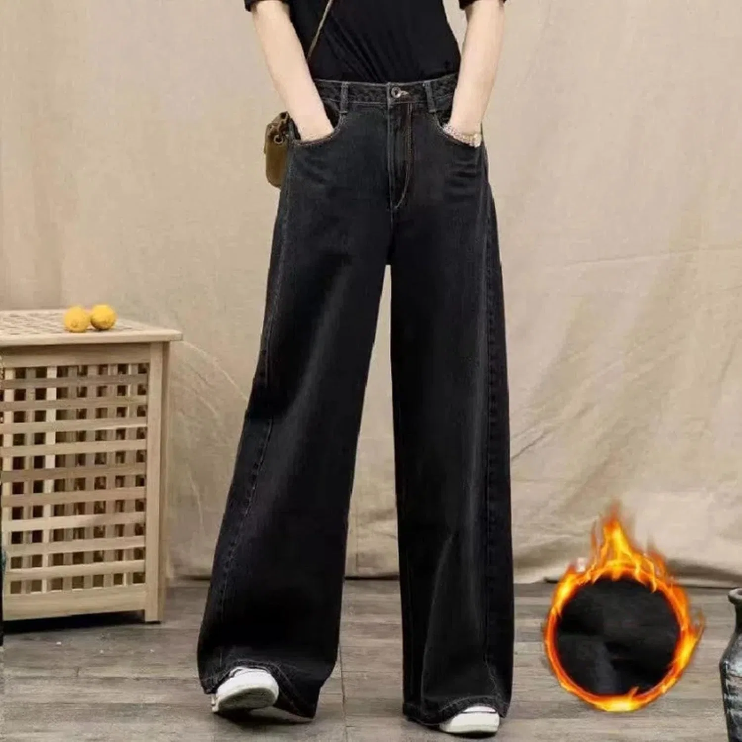 Женские флисовые джинсы Wide Leg с высокой талией, мешковатые, зимние, утепленные, повседневные, для холодной погоды Generic, черный — фото 3